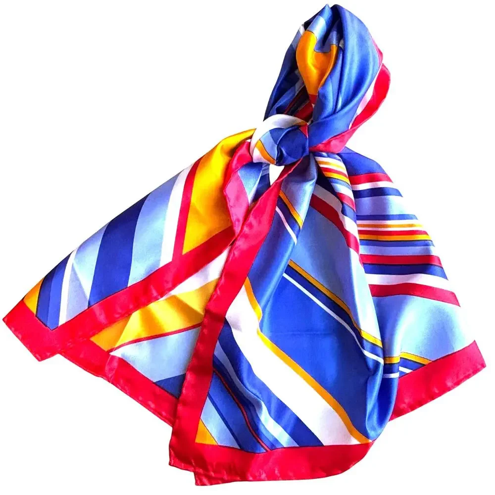 Vintage Silky scarf diagonal stripes rectangle red orange blue mod mid century